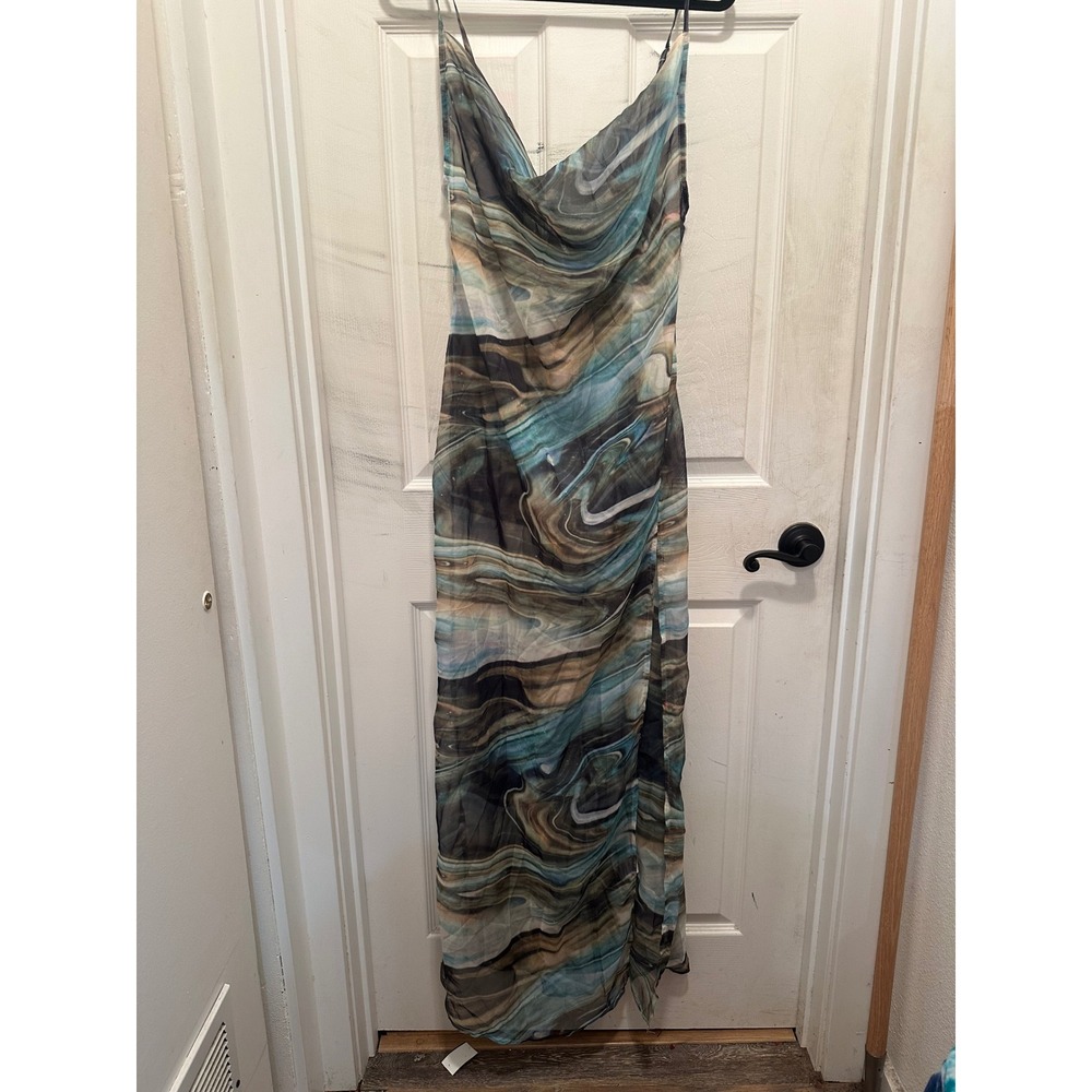 PrettyLittleThing Blue Marble Print Cowl Neck Mesh Maxi Dress Size 8